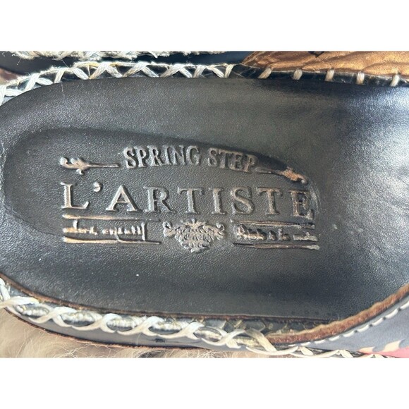 L'Artiste by Spring Step Size 40 Edrea Black Leather Wedge Sandals Floral - Picture 5 of 11